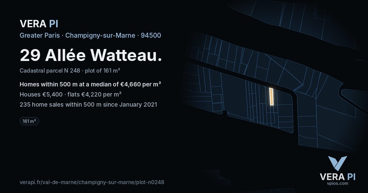 29 Allée Watteau, Champigny-sur-Marne at night – the plot lit, the parcels around coloured by the prices near them