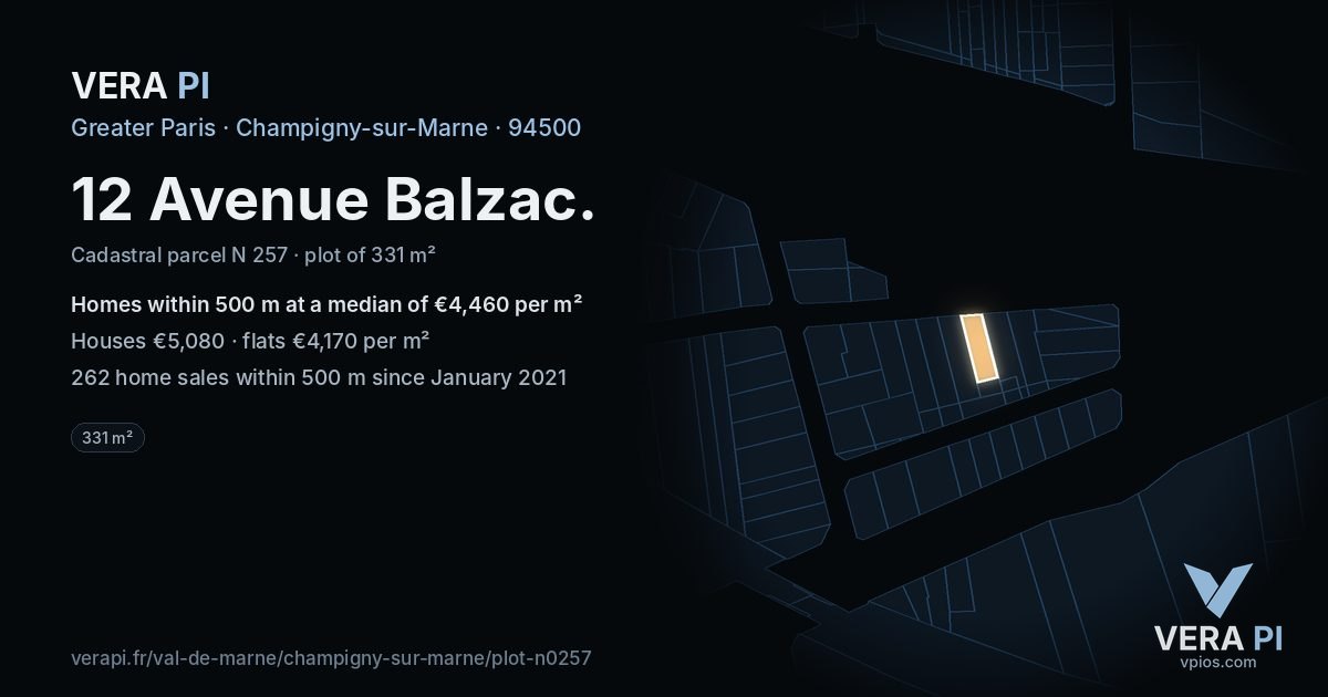 12 Avenue Balzac, Champigny-sur-Marne at night – the plot lit, the parcels around coloured by the prices near them