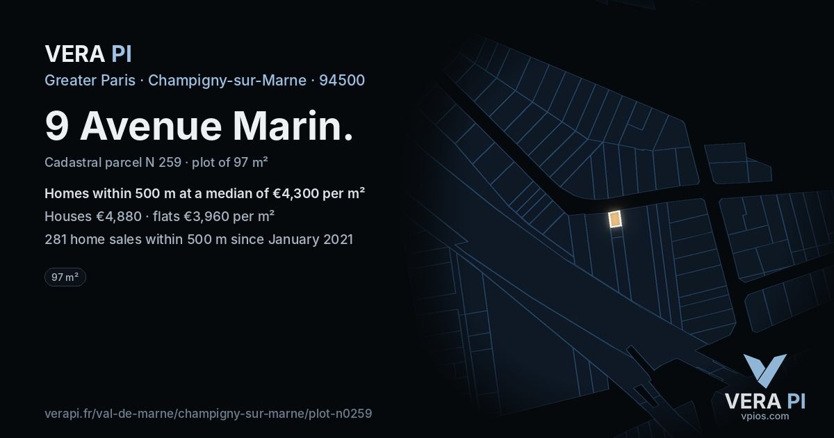 9 Avenue Marin, Champigny-sur-Marne at night – the plot lit, the parcels around coloured by the prices near them