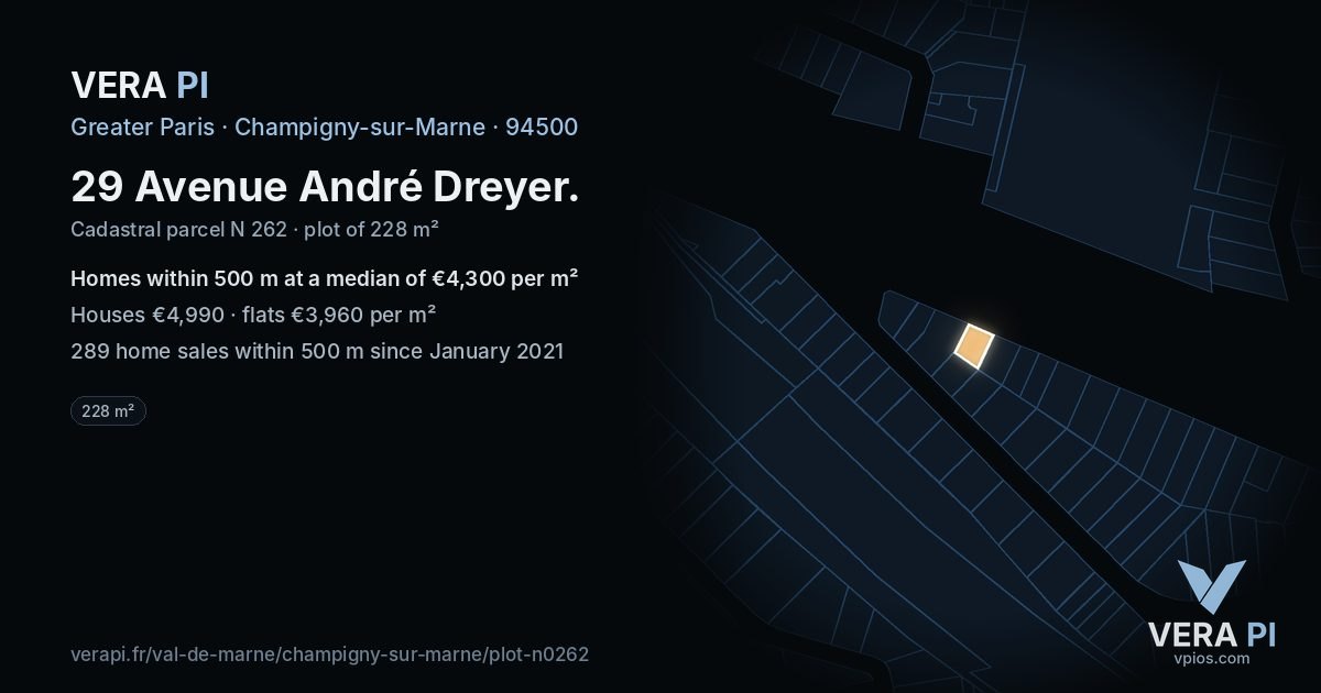29 Avenue André Dreyer, Champigny-sur-Marne at night – the plot lit, the parcels around coloured by the prices near them
