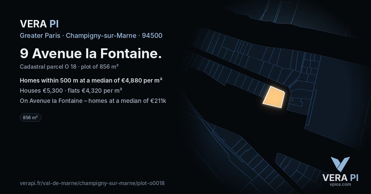 9 Avenue la Fontaine, Champigny-sur-Marne at night – the plot lit, the parcels around coloured by the prices near them