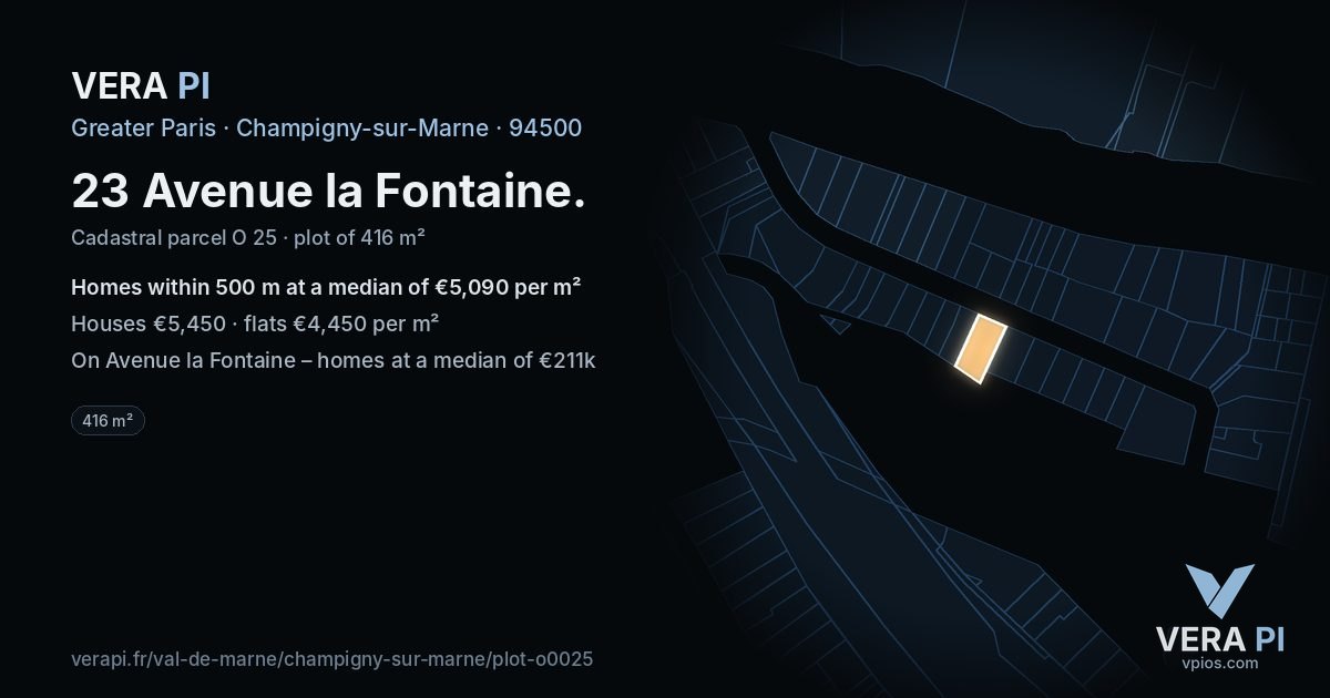 23 Avenue la Fontaine, Champigny-sur-Marne at night – the plot lit, the parcels around coloured by the prices near them