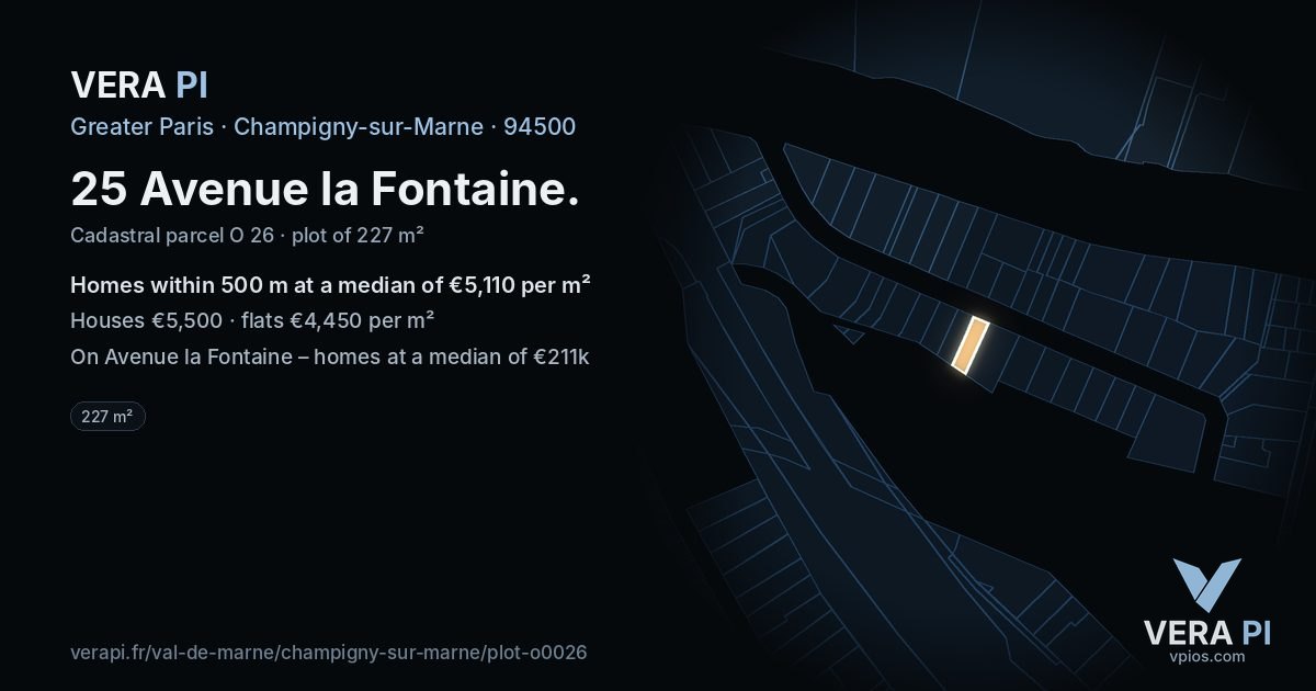 25 Avenue la Fontaine, Champigny-sur-Marne at night – the plot lit, the parcels around coloured by the prices near them