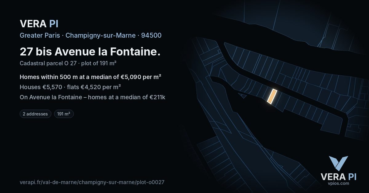 27 bis Avenue la Fontaine, Champigny-sur-Marne at night – the plot lit, the parcels around coloured by the prices near them