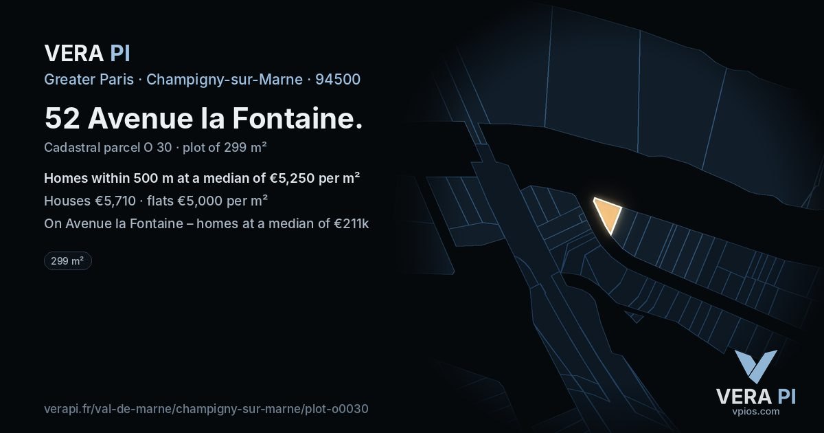 52 Avenue la Fontaine, Champigny-sur-Marne at night – the plot lit, the parcels around coloured by the prices near them