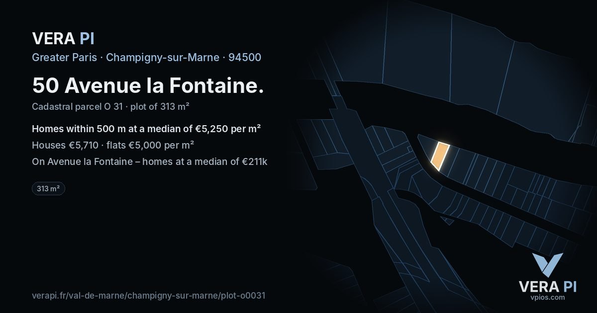 50 Avenue la Fontaine, Champigny-sur-Marne at night – the plot lit, the parcels around coloured by the prices near them