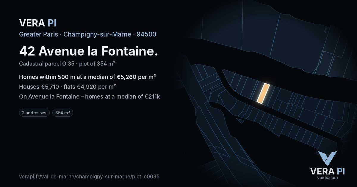 42 Avenue la Fontaine, Champigny-sur-Marne at night – the plot lit, the parcels around coloured by the prices near them