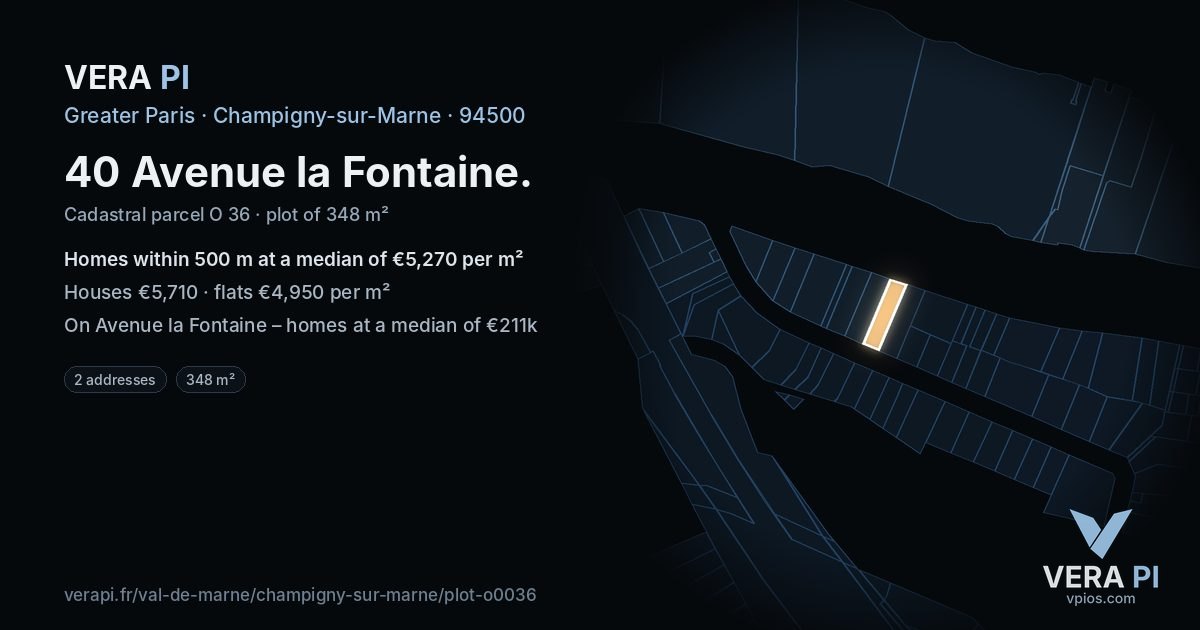40 Avenue la Fontaine, Champigny-sur-Marne at night – the plot lit, the parcels around coloured by the prices near them
