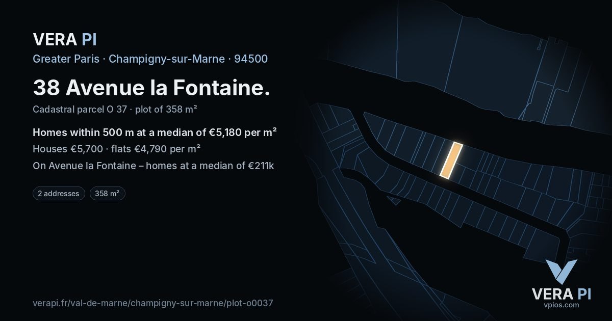 38 Avenue la Fontaine, Champigny-sur-Marne at night – the plot lit, the parcels around coloured by the prices near them