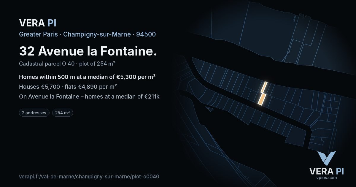 32 Avenue la Fontaine, Champigny-sur-Marne at night – the plot lit, the parcels around coloured by the prices near them