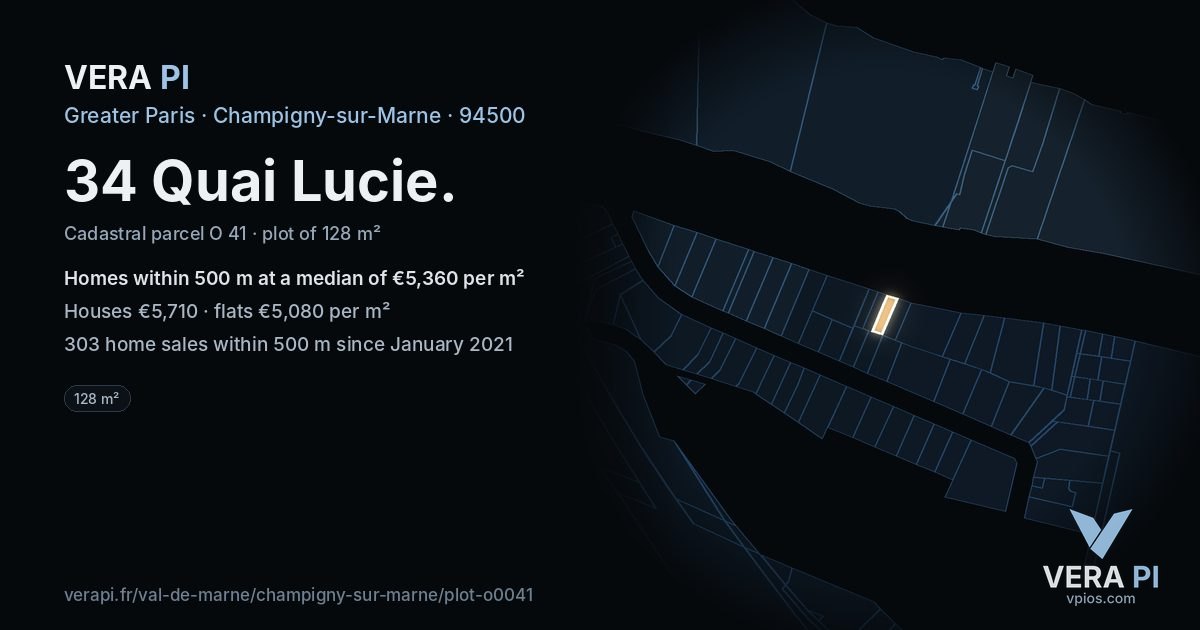 34 Quai Lucie, Champigny-sur-Marne at night – the plot lit, the parcels around coloured by the prices near them
