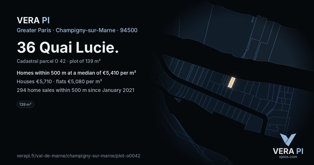 36 Quai Lucie, Champigny-sur-Marne at night – the plot lit, the parcels around coloured by the prices near them