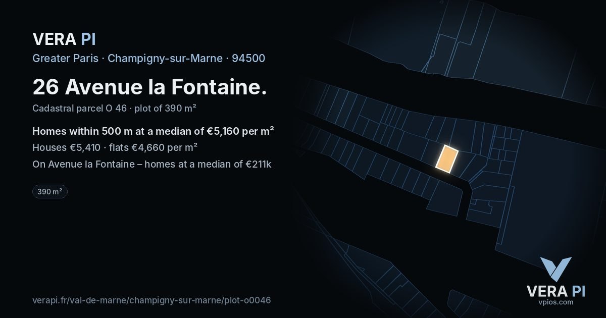 26 Avenue la Fontaine, Champigny-sur-Marne at night – the plot lit, the parcels around coloured by the prices near them