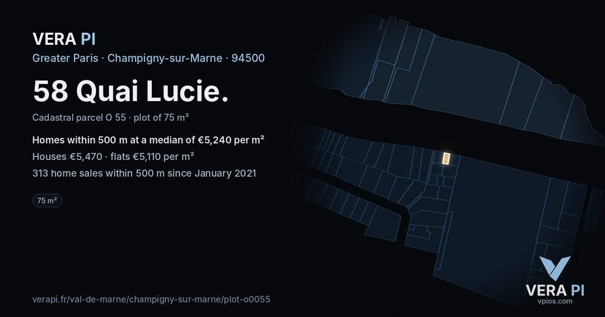 58 Quai Lucie, Champigny-sur-Marne at night – the plot lit, the parcels around coloured by the prices near them