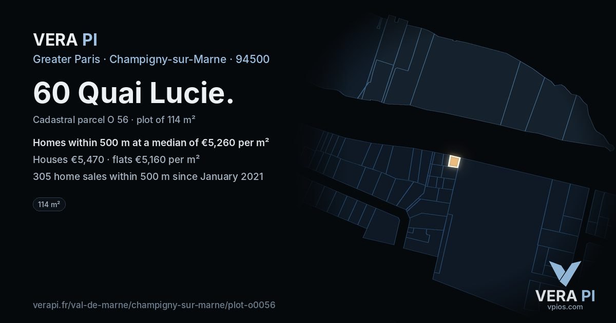 60 Quai Lucie, Champigny-sur-Marne at night – the plot lit, the parcels around coloured by the prices near them