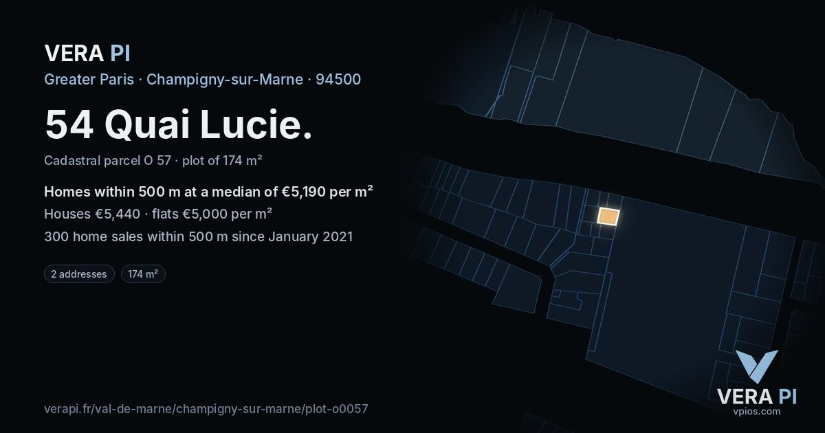 54 Quai Lucie, Champigny-sur-Marne at night – the plot lit, the parcels around coloured by the prices near them