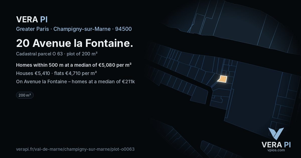 20 Avenue la Fontaine, Champigny-sur-Marne at night – the plot lit, the parcels around coloured by the prices near them