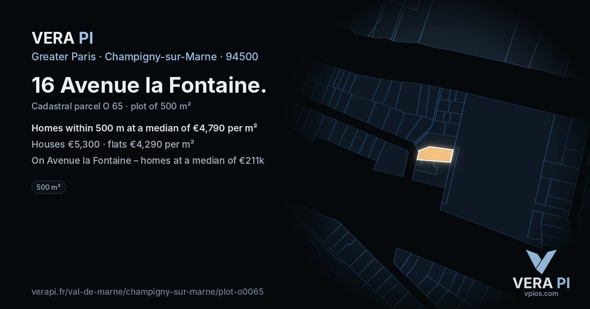 16 Avenue la Fontaine, Champigny-sur-Marne at night – the plot lit, the parcels around coloured by the prices near them
