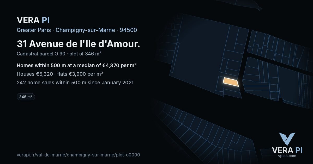 31 Avenue de l'Ile d'Amour, Champigny-sur-Marne at night – the plot lit, the parcels around coloured by the prices near them