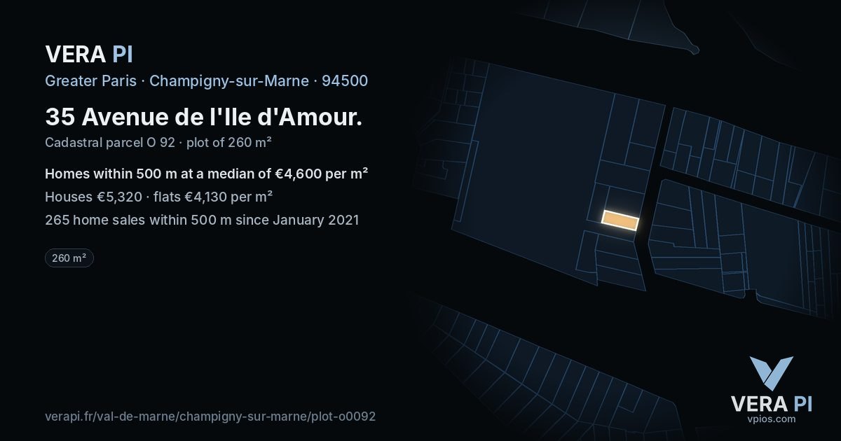 35 Avenue de l'Ile d'Amour, Champigny-sur-Marne at night – the plot lit, the parcels around coloured by the prices near them