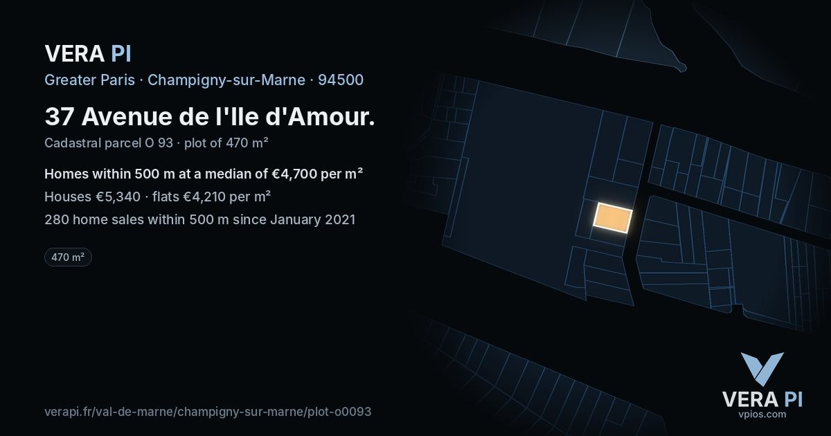 37 Avenue de l'Ile d'Amour, Champigny-sur-Marne at night – the plot lit, the parcels around coloured by the prices near them