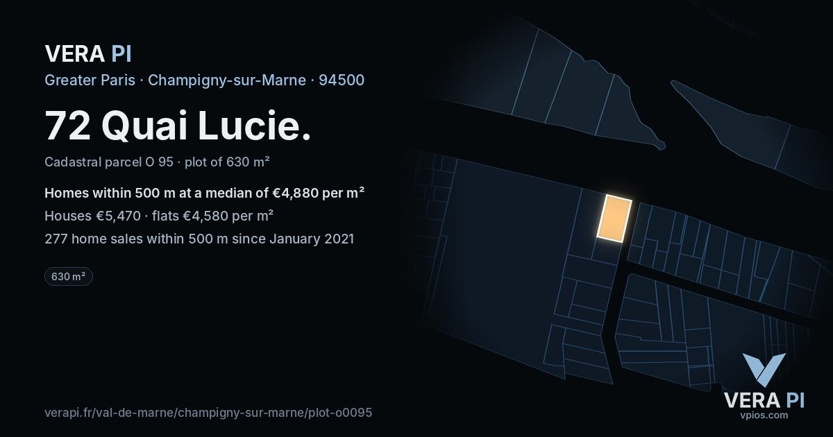 72 Quai Lucie, Champigny-sur-Marne at night – the plot lit, the parcels around coloured by the prices near them