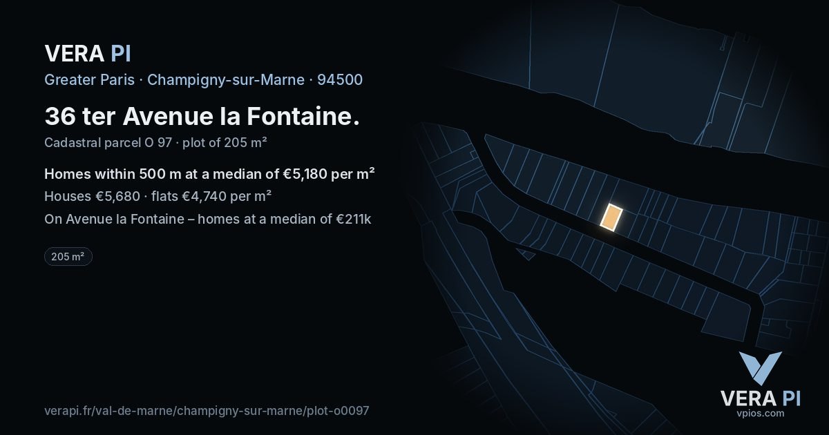 36 ter Avenue la Fontaine, Champigny-sur-Marne at night – the plot lit, the parcels around coloured by the prices near them