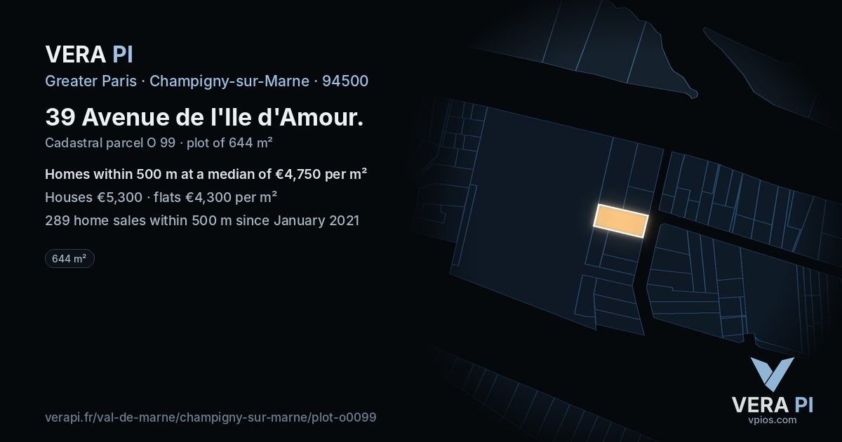 39 Avenue de l'Ile d'Amour, Champigny-sur-Marne at night – the plot lit, the parcels around coloured by the prices near them