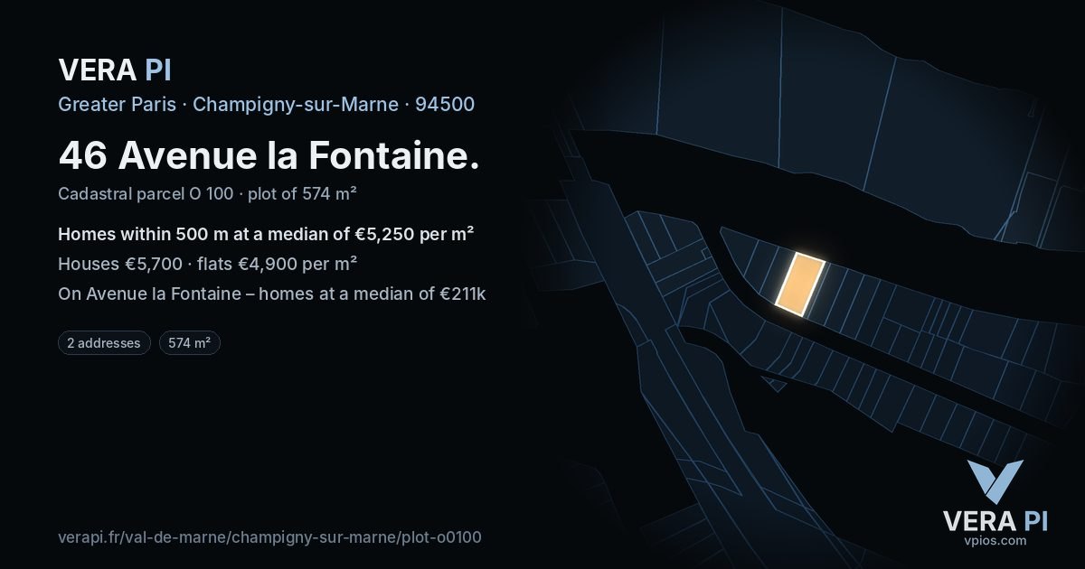 46 Avenue la Fontaine, Champigny-sur-Marne at night – the plot lit, the parcels around coloured by the prices near them