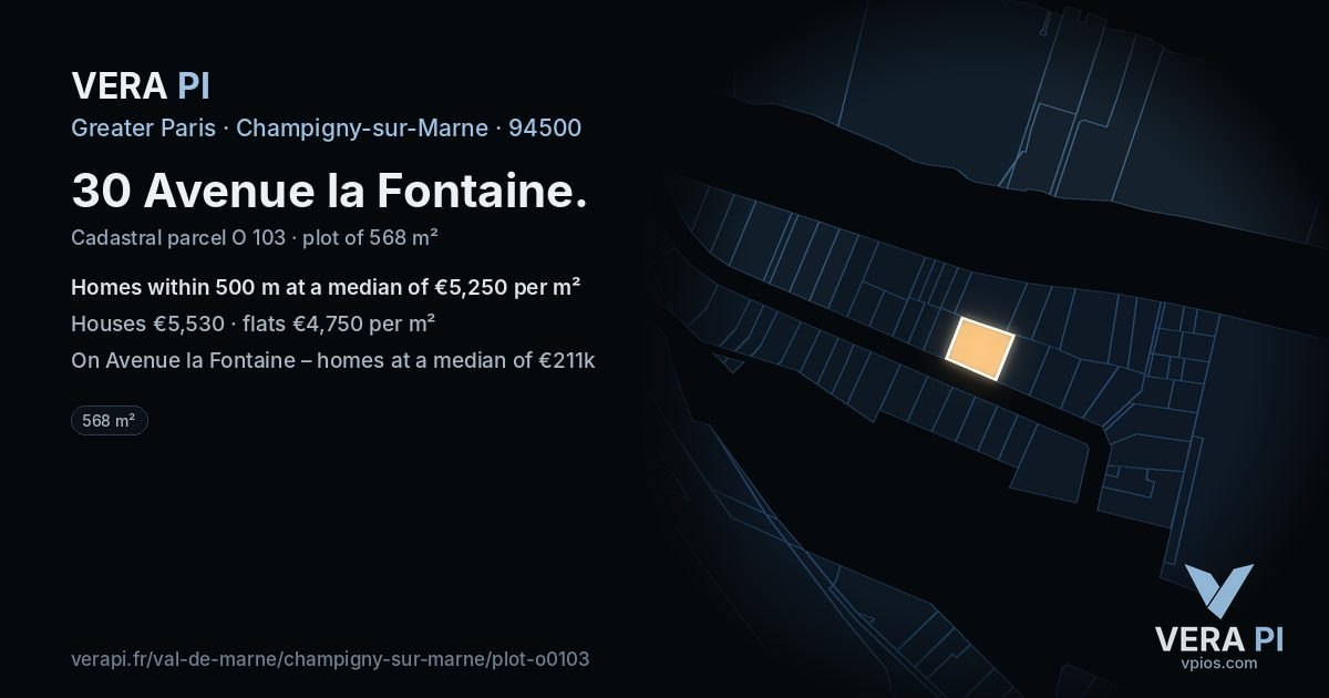 30 Avenue la Fontaine, Champigny-sur-Marne at night – the plot lit, the parcels around coloured by the prices near them