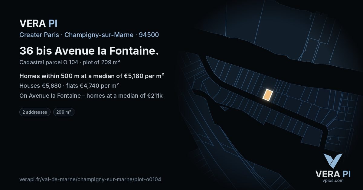 36 bis Avenue la Fontaine, Champigny-sur-Marne at night – the plot lit, the parcels around coloured by the prices near them