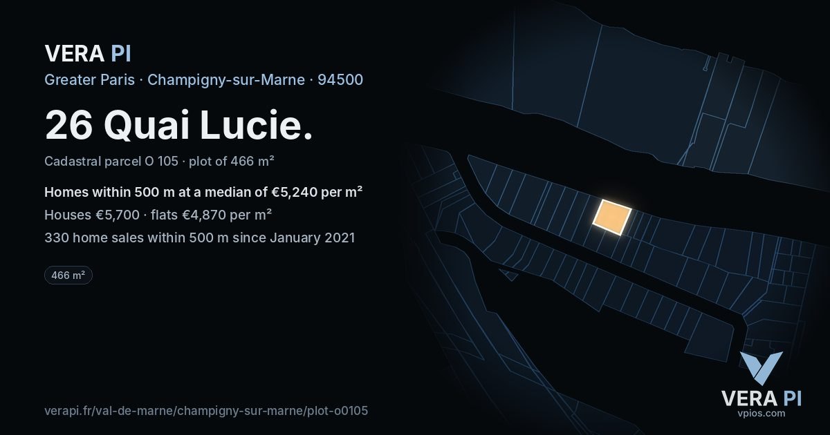 26 Quai Lucie, Champigny-sur-Marne at night – the plot lit, the parcels around coloured by the prices near them