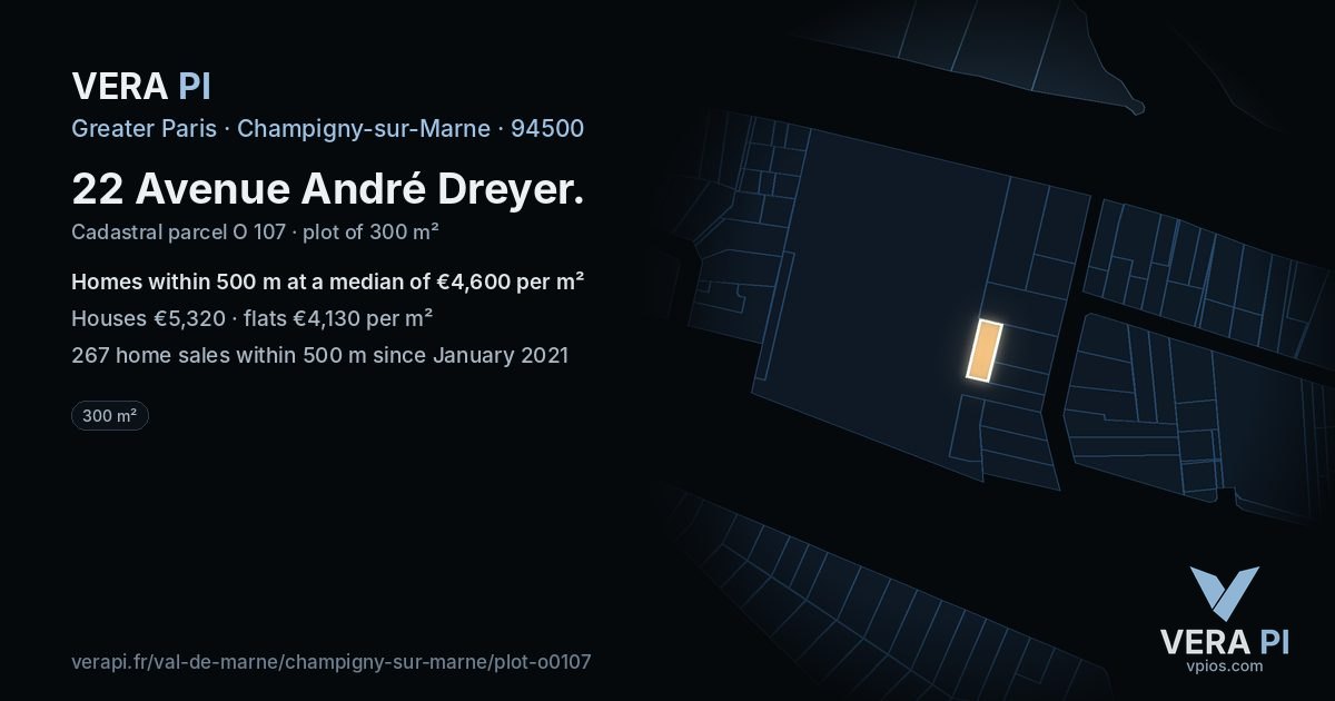 22 Avenue André Dreyer, Champigny-sur-Marne at night – the plot lit, the parcels around coloured by the prices near them