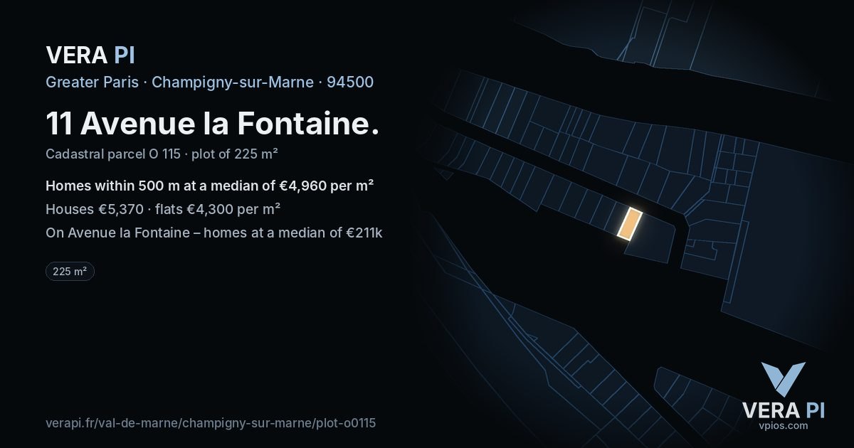 11 Avenue la Fontaine, Champigny-sur-Marne at night – the plot lit, the parcels around coloured by the prices near them