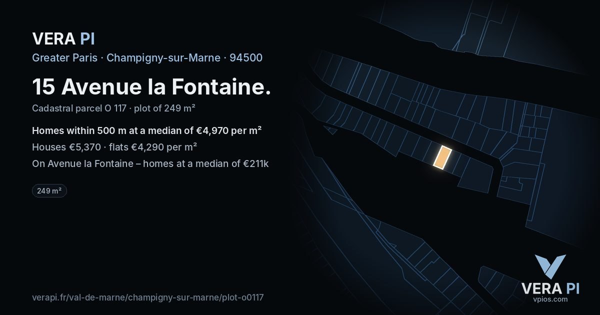 15 Avenue la Fontaine, Champigny-sur-Marne at night – the plot lit, the parcels around coloured by the prices near them
