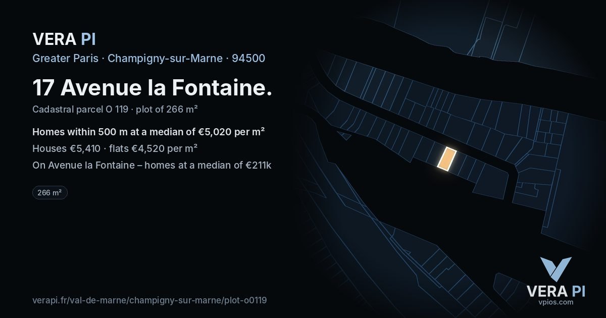 17 Avenue la Fontaine, Champigny-sur-Marne at night – the plot lit, the parcels around coloured by the prices near them