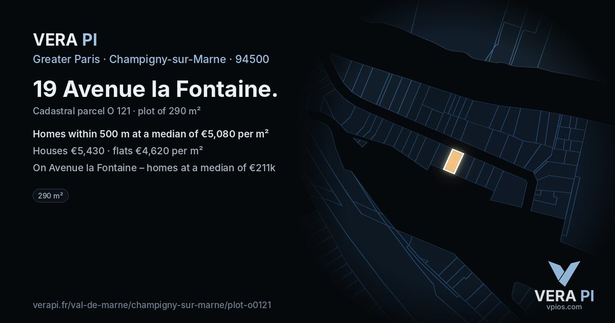19 Avenue la Fontaine, Champigny-sur-Marne at night – the plot lit, the parcels around coloured by the prices near them