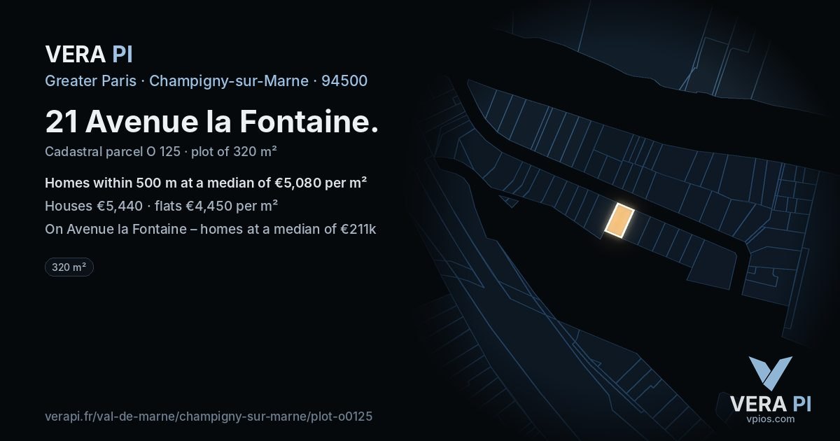 21 Avenue la Fontaine, Champigny-sur-Marne at night – the plot lit, the parcels around coloured by the prices near them