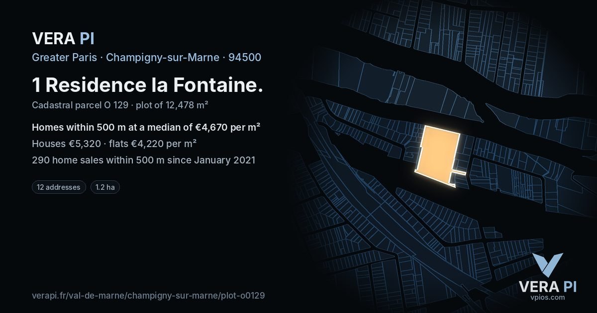 1 Residence la Fontaine, Champigny-sur-Marne at night – the plot lit, the parcels around coloured by the prices near them