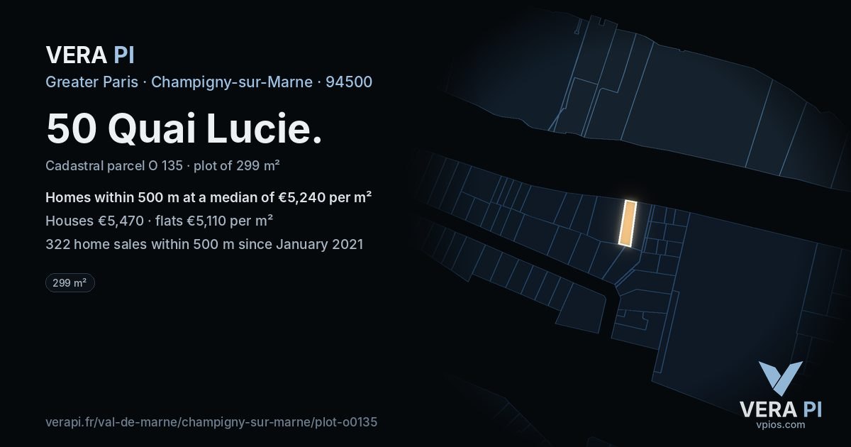 50 Quai Lucie, Champigny-sur-Marne at night – the plot lit, the parcels around coloured by the prices near them