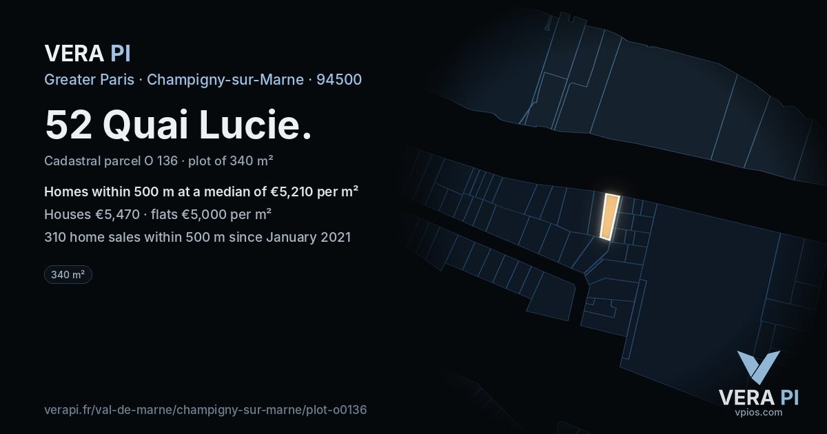 52 Quai Lucie, Champigny-sur-Marne at night – the plot lit, the parcels around coloured by the prices near them