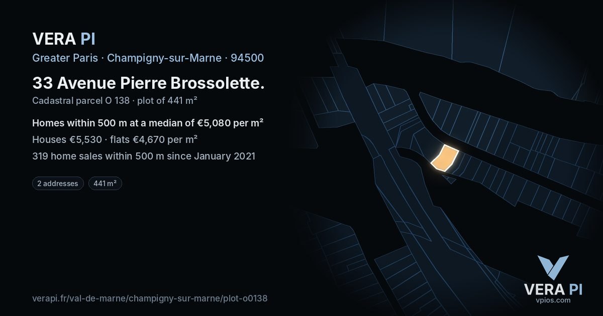 33 Avenue Pierre Brossolette, Champigny-sur-Marne at night – the plot lit, the parcels around coloured by the prices near them