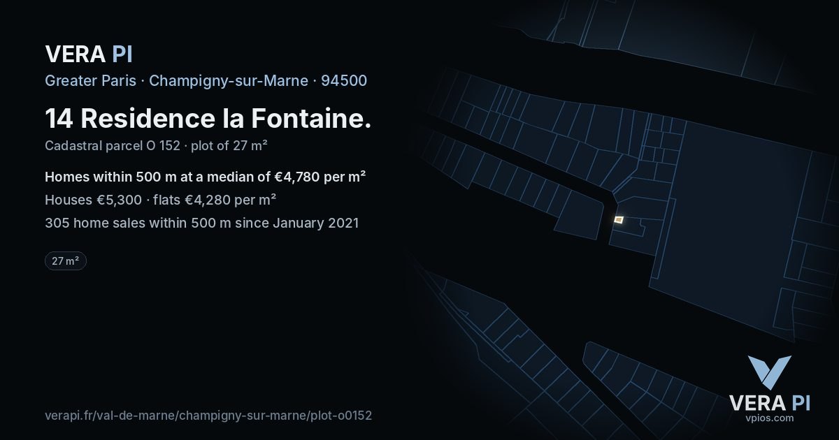 14 Residence la Fontaine, Champigny-sur-Marne at night – the plot lit, the parcels around coloured by the prices near them