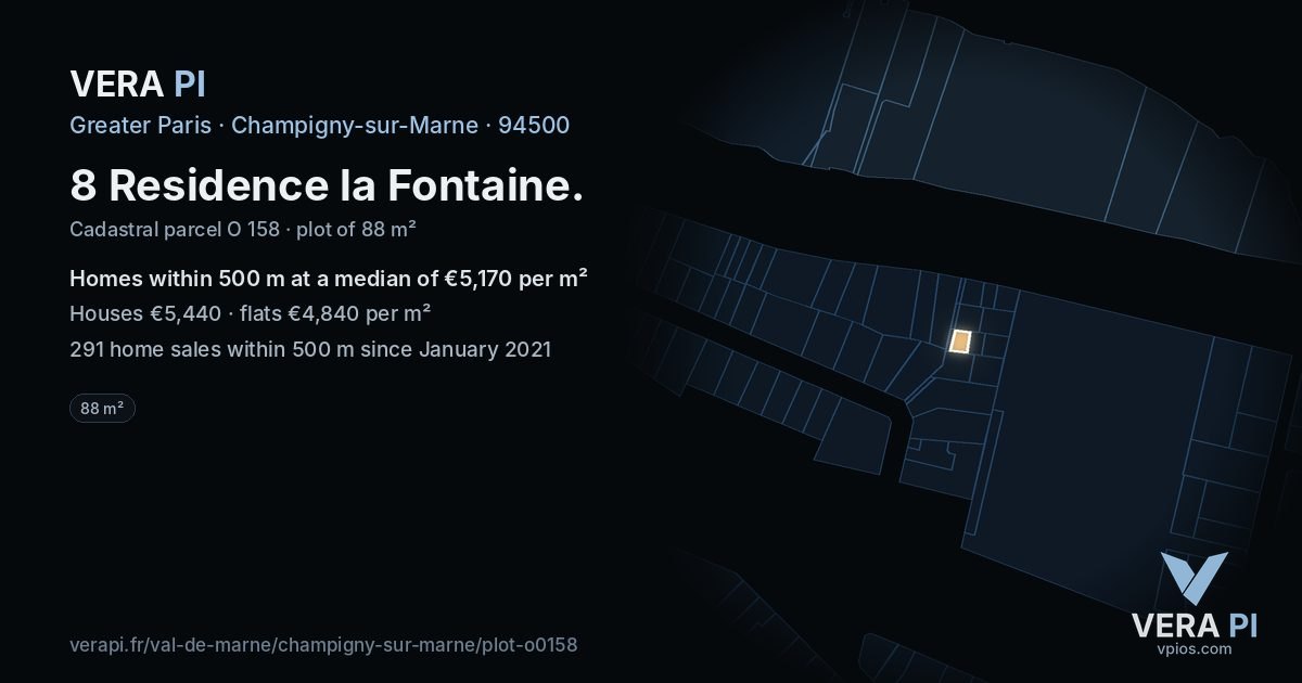8 Residence la Fontaine, Champigny-sur-Marne at night – the plot lit, the parcels around coloured by the prices near them