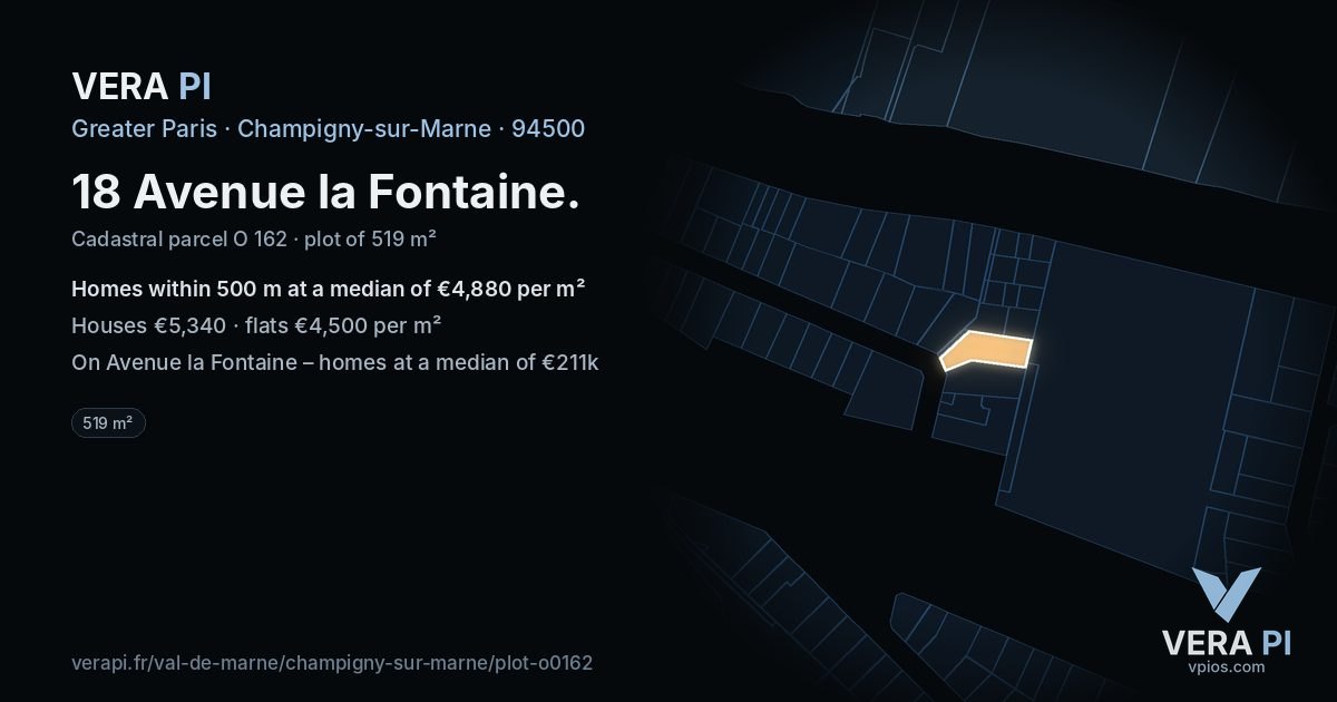 18 Avenue la Fontaine, Champigny-sur-Marne at night – the plot lit, the parcels around coloured by the prices near them