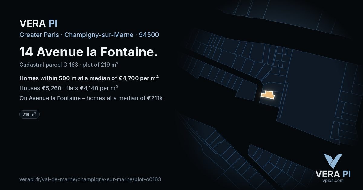 14 Avenue la Fontaine, Champigny-sur-Marne at night – the plot lit, the parcels around coloured by the prices near them