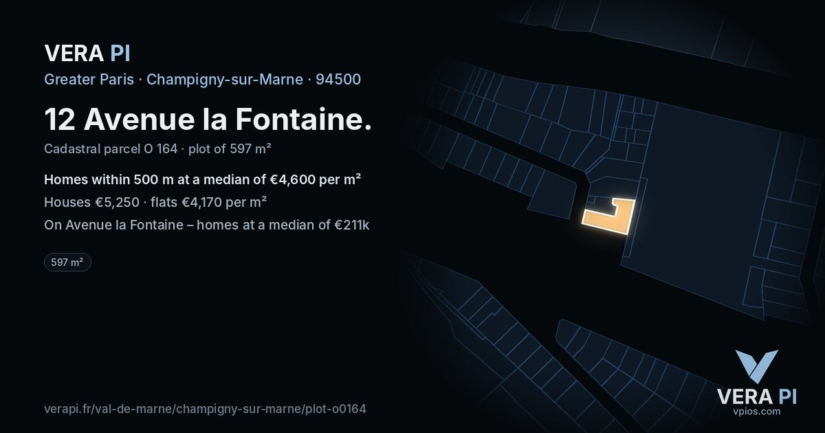 12 Avenue la Fontaine, Champigny-sur-Marne at night – the plot lit, the parcels around coloured by the prices near them