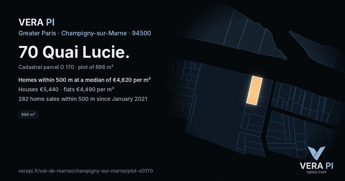 70 Quai Lucie, Champigny-sur-Marne at night – the plot lit, the parcels around coloured by the prices near them
