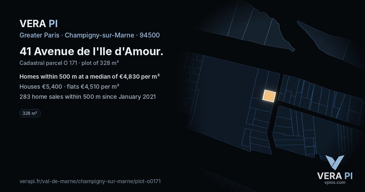 41 Avenue de l'Ile d'Amour, Champigny-sur-Marne at night – the plot lit, the parcels around coloured by the prices near them