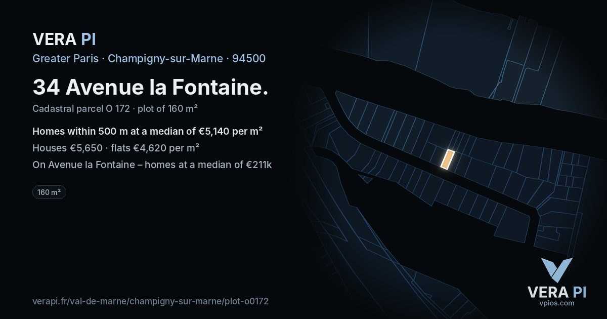 34 Avenue la Fontaine, Champigny-sur-Marne at night – the plot lit, the parcels around coloured by the prices near them
